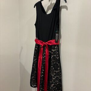 Karin Stevens Black Lace Cocktail sleeveless Dress with red ribbon belt sz 14